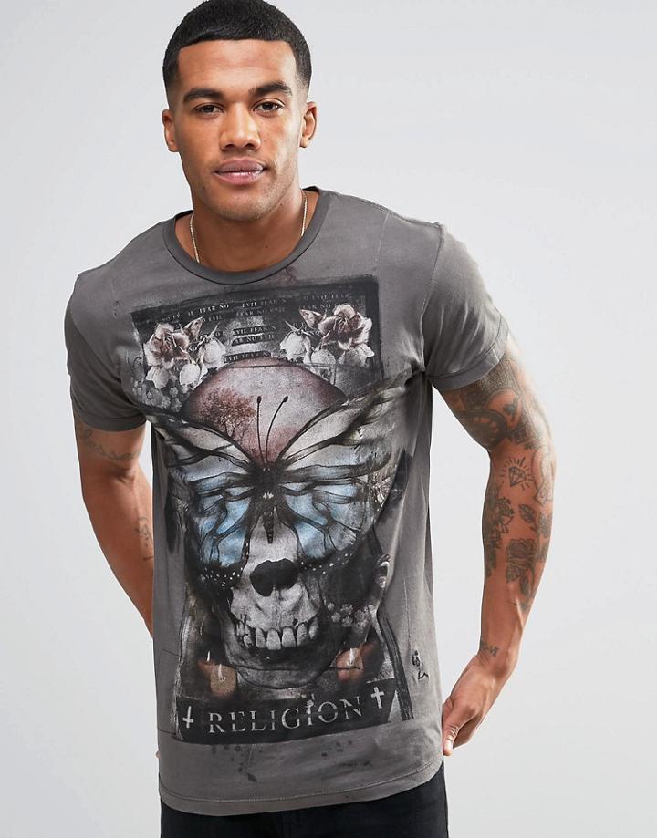 Religion Butterfly Skull Printed T-shirt - Black