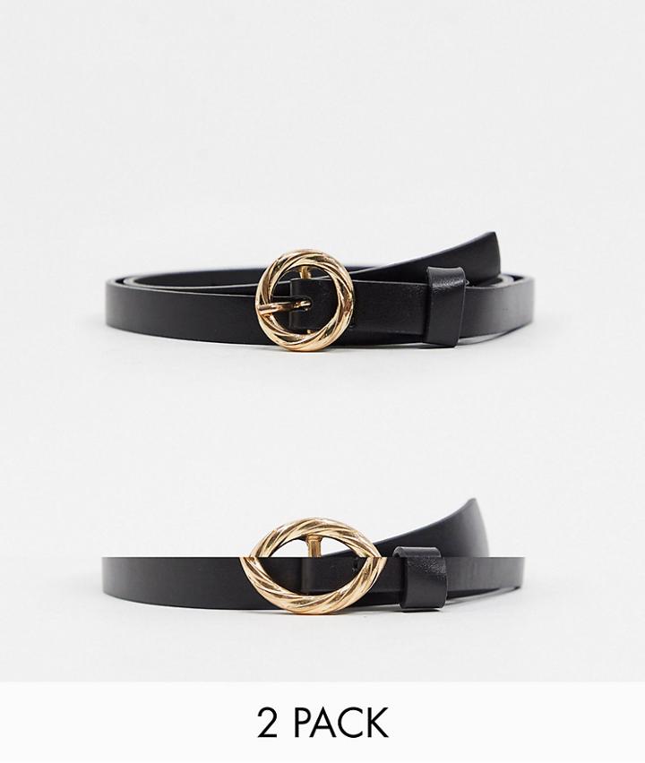 Asos Design 2 Pack Twisted Buckle Waist And Hip Belts In Black