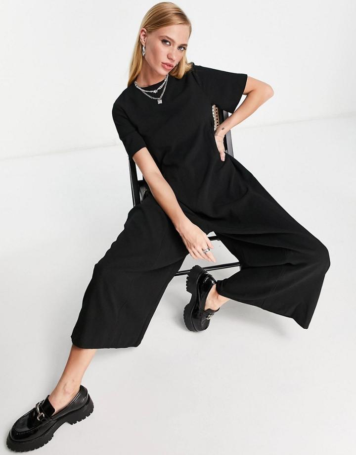 Asos Design Crew Neck Extreme Smock Texture Crepe Jumpsuit In Black
