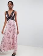 Liquorish Bird Print Maxi Dress With Lace Inserts - Pink