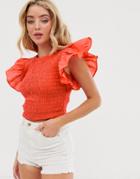 Asos Design Shirred Top With Flutter Sleeve - Red