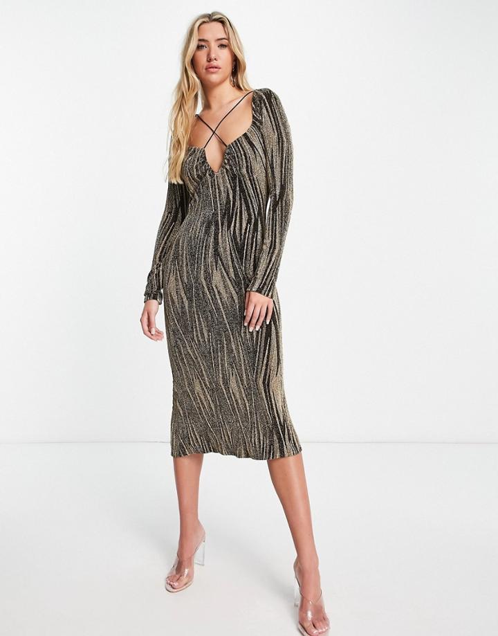 Asos Design Long Sleeve Textured Gold Swirl Midi Dress In Gold