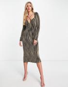 Asos Design Long Sleeve Textured Gold Swirl Midi Dress In Gold