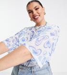 Asos Design Curve Recycled Blend Oversized Mesh Top In Warped Heart-blues