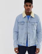 Asos Design Denim Jacket With Detachable Fleece Collar In Light Wash - Blue