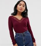 Y.a.s Petite V Neck Rib Lace Trim Top-black