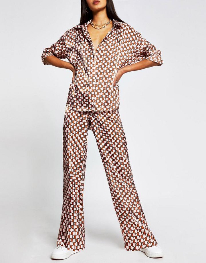 River Island Satin Geo Print Shirt In Brown