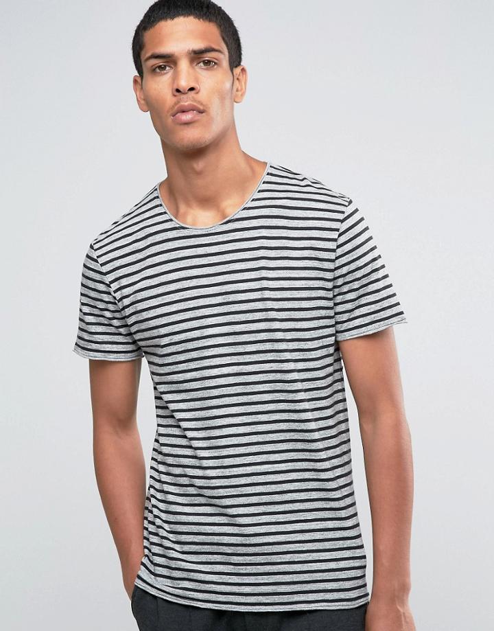 Selected Homme Striped Raw Edge T-shirt - Gray