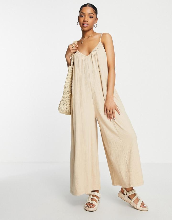 Asos Design Crinkle Minimal Wide Leg Cami Jumpsuit In Neutral-green