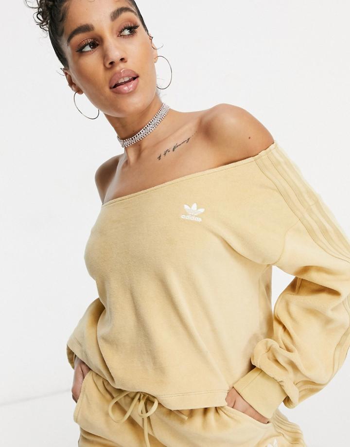 Adidas Originals 'relaxed Risqu ' Velour Off The Shoulder Sweatshirt In Beige-neutral
