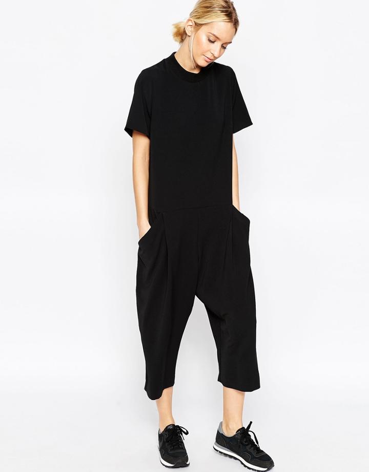 Asos White Relaxed Cropped Jumpsuit With Short Sleeves - Black