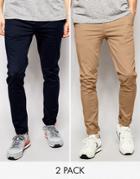 Asos 2 Pack Skinny Chinos In Navy And Stone Save 15%
