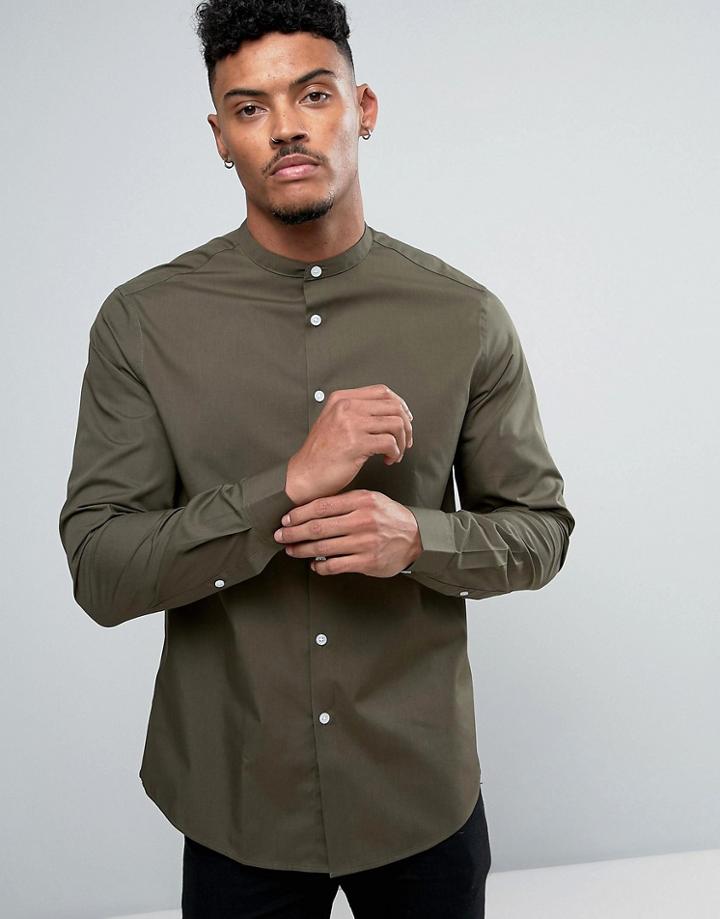 Asos Regular Fit Shirt With Grandad Collar In Khaki - Green