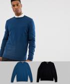Asos Design Cotton Sweater In Black / Navy 2 Pack Save-multi
