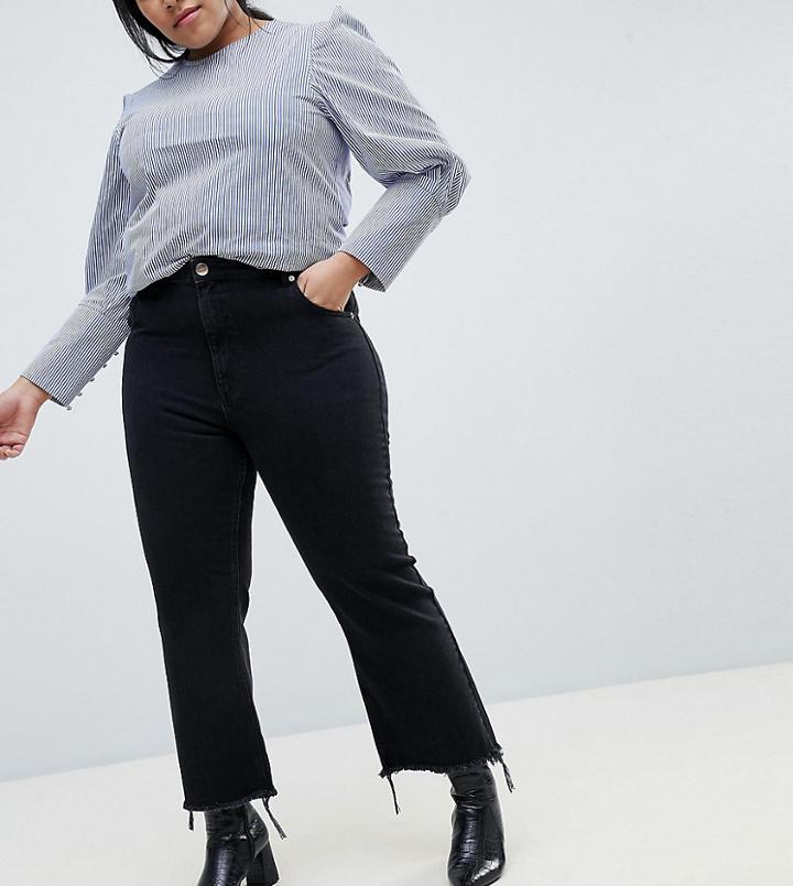 Asos Design Curve Rigid Crop Flare Jeans In Washed Black With Raw Hem - Black