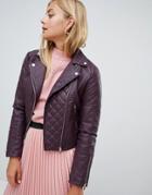 Miss Selfridge Quilted Faux Leather Biker Jacket In Burgundy - Red