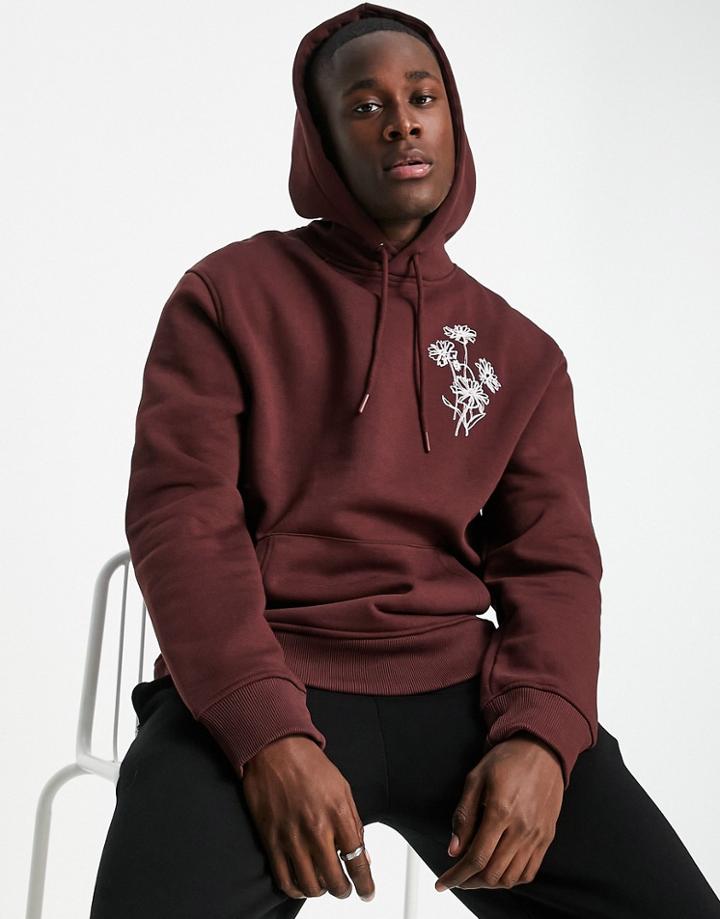 Topman Floral Sketch Embroidery Hoodie In Brown