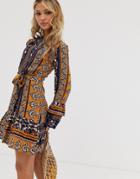 Parisian Dress In Mix Print With Self Belt - Multi