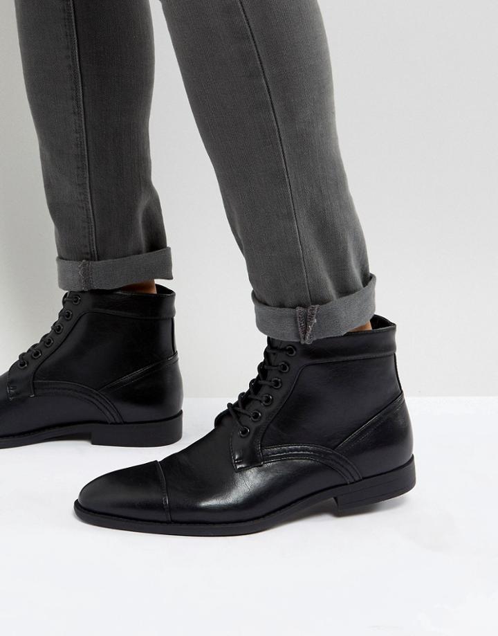 Asos Lace Up Boots In Black Faux Leather - Black