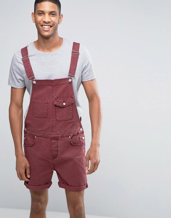 Asos Denim Short Dungarees In Burgundy - Red