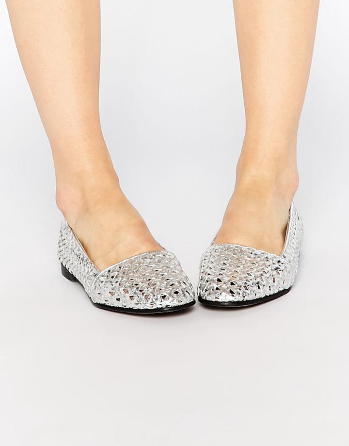 Hudson London Coco Leather Silver Woven Flat Shoes - Silver