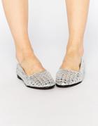 Hudson London Coco Leather Silver Woven Flat Shoes - Silver