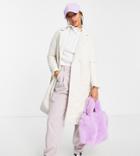 Only Petite Quilted Tie Waist Longline Coat In Cream-white