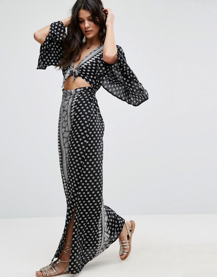 Amuse Society Printed Maxi Beach Dress With Tie Waist - Black