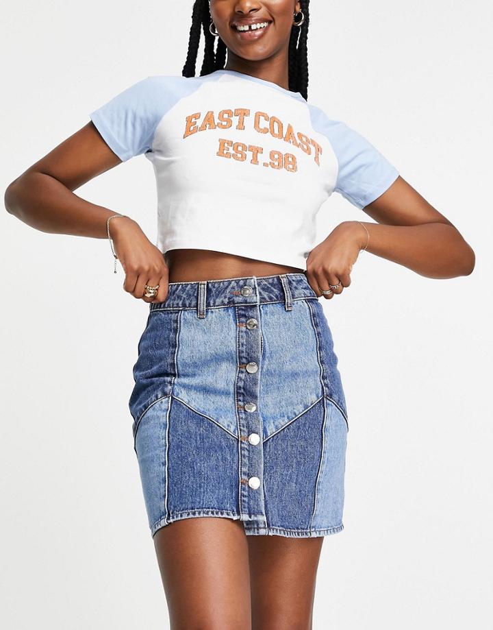 Miss Selfridge Denim Patchwork Mini Skirt In Blue-blues