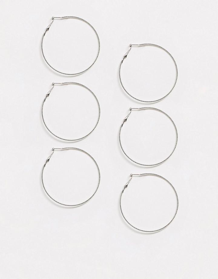 Asos Design Pack Of 3 Fine Hoop Earrings In Faceted Shimmer Texture In Silver Tone