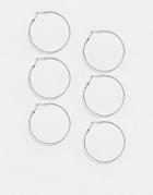 Asos Design Pack Of 3 Fine Hoop Earrings In Faceted Shimmer Texture In Silver Tone