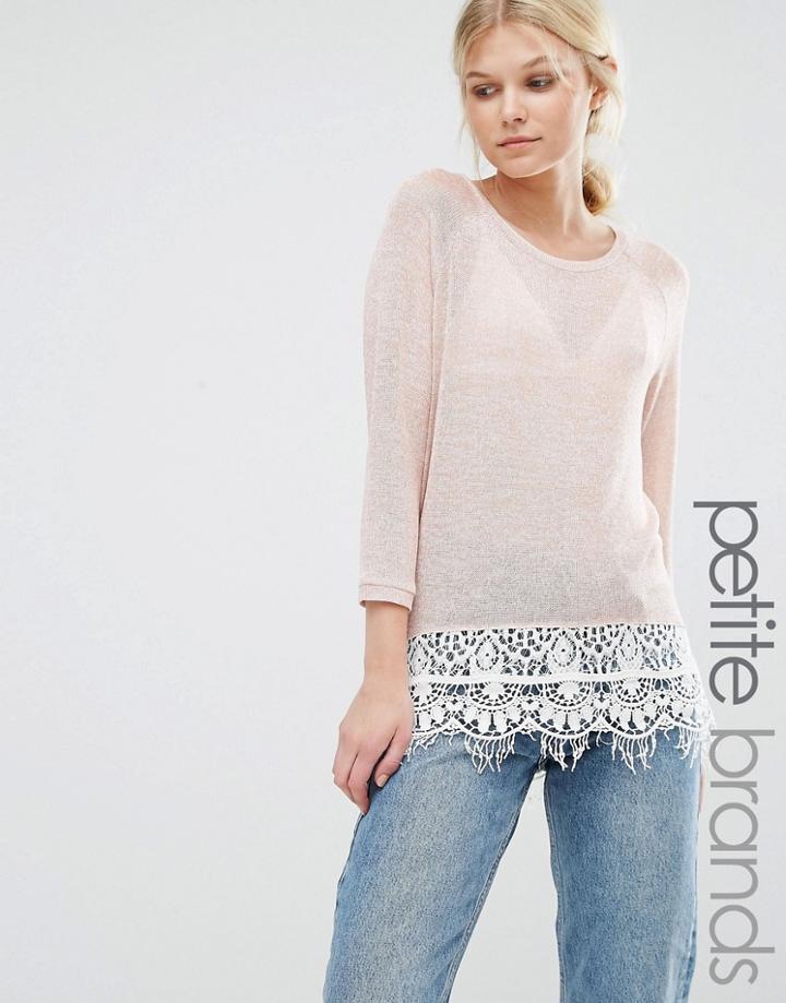 Vero Moda Petite 3/4 Sleeve Lace Hem Sweater - Cream
