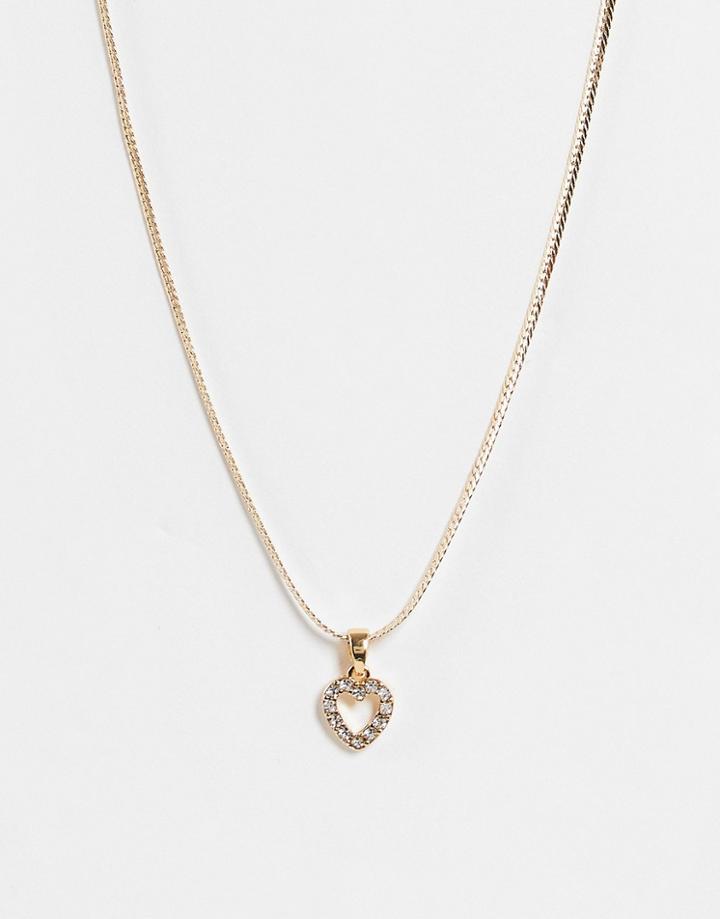 Asos Design Necklace With Small Crystal Heart Pendant In Gold Tone