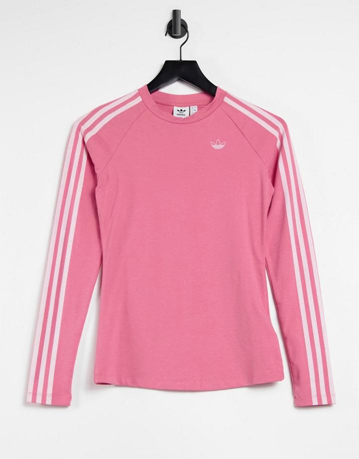Adidas Originals Fakten Three Stripe Logo Fitted Long Sleeve Top In Hazy Rose-pink