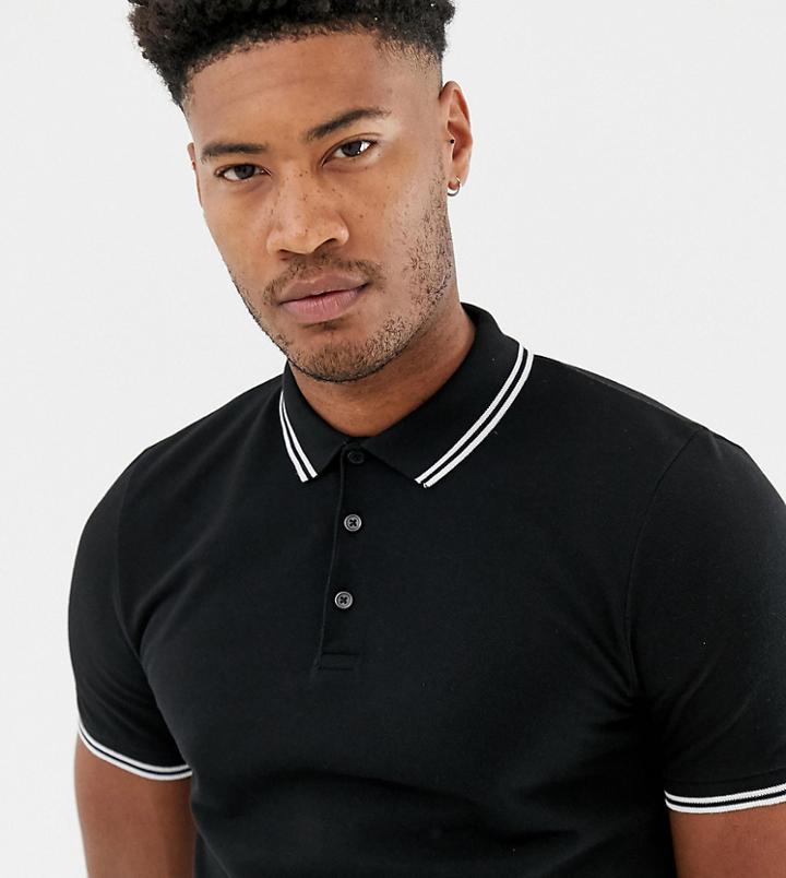 Asos Design Tall Pique Polo Shirt With Tipping In Black - Black
