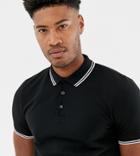 Asos Design Tall Pique Polo Shirt With Tipping In Black - Black