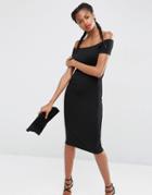 Asos Short Sleeve Off The Shoulder Bardot Midi Bodycon Dress - Black