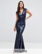 Club L Cap Sleeve Maxi Dress With Fishtail In Patterned Sequin - Navy