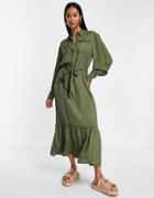 River Island Textured Belted Shirt Midi Dress In Khaki-green