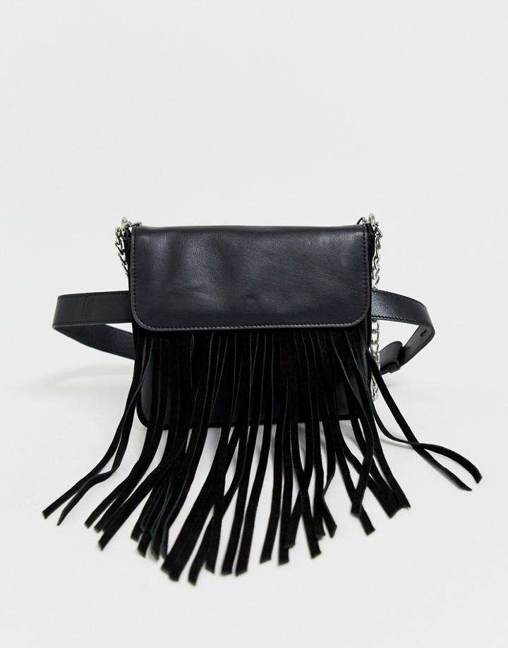 Urbancode Real Suede Belt Bag With Fringe Detail - Black