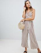 New Look Stripe V Neck Button Jumpsuit - Brown
