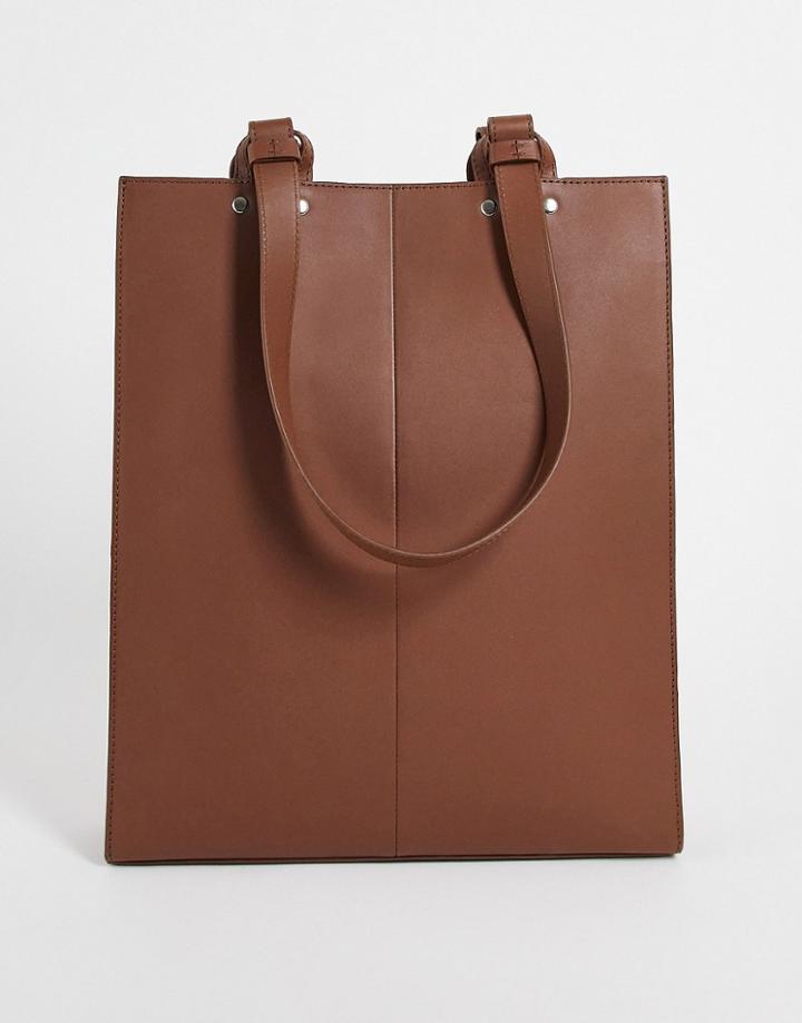 Asos Design Leather Structured Tote Bag In Brown