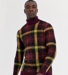 Asos Design Tall Knitted Sweater With Roll Neck In Burgundy Check-red