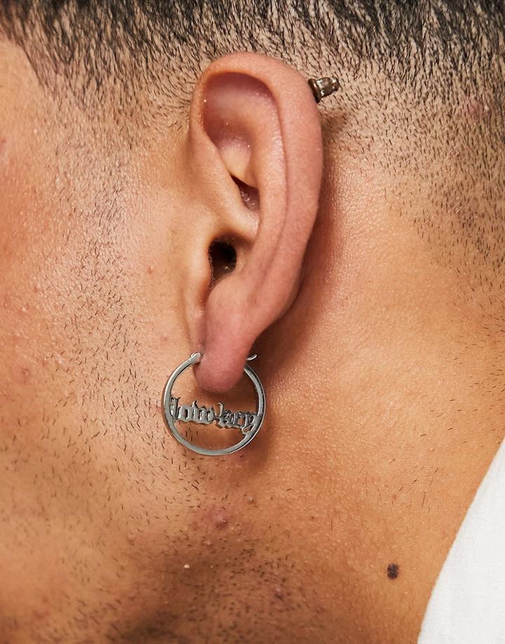 Asos Design 20mm Hoop Earrings With Low Key Text In Silver Tone