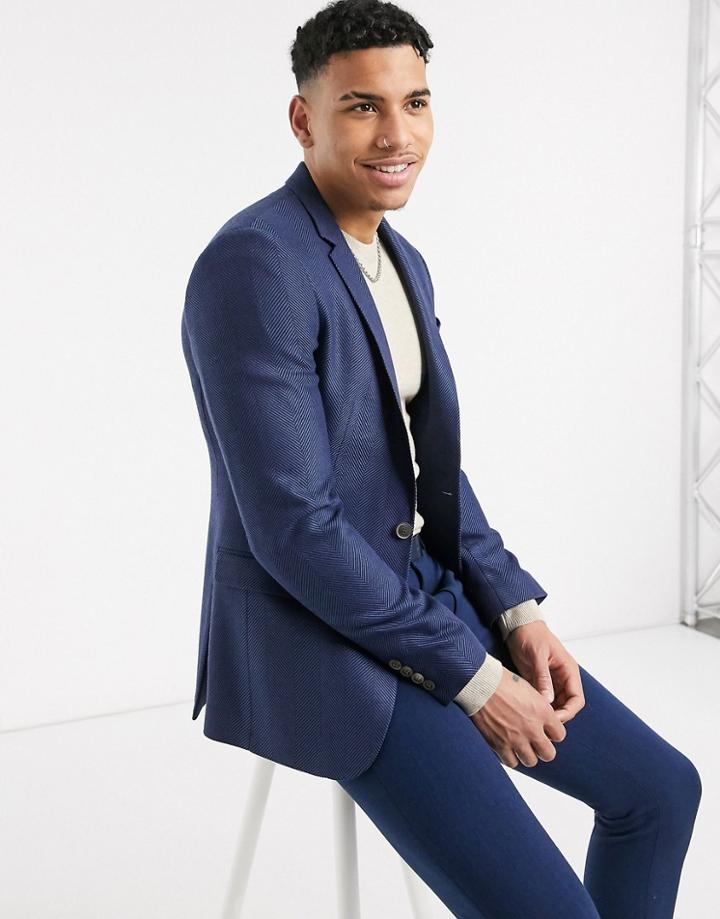 Asos Design Super Skinny Wool Mix Blazer In Navy Wide Herringbone