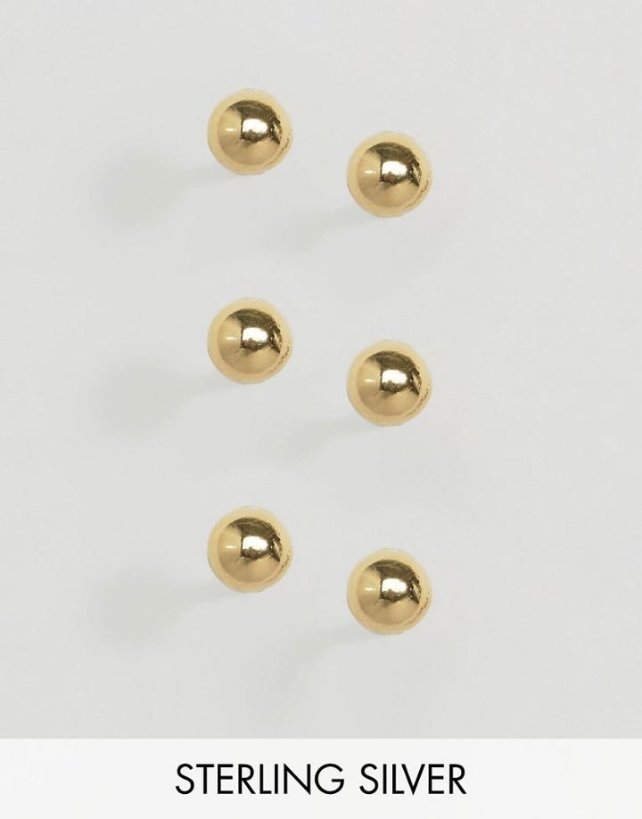 Asos Sterling Silver Gold Plated Pack Of 3 Ball Stud Earrings - Gold