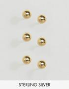 Asos Sterling Silver Gold Plated Pack Of 3 Ball Stud Earrings - Gold