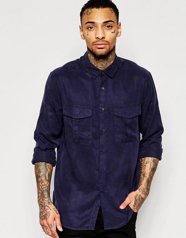 Asos Military Shirt In Navy Drape Fabric In Regular Fit - Navy