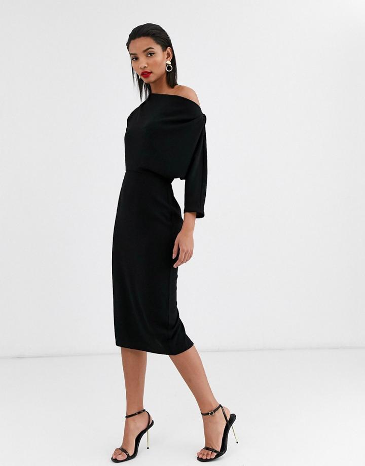 Asos Design Fallen Shoulder Midi Pencil Dress-black