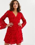 Love Triangle Floral Embroidered Long Sleeve Dress In Red - Red
